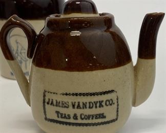Mini Stoneware Advertising Tea Pot, Van Dyk Teas and Coffee
