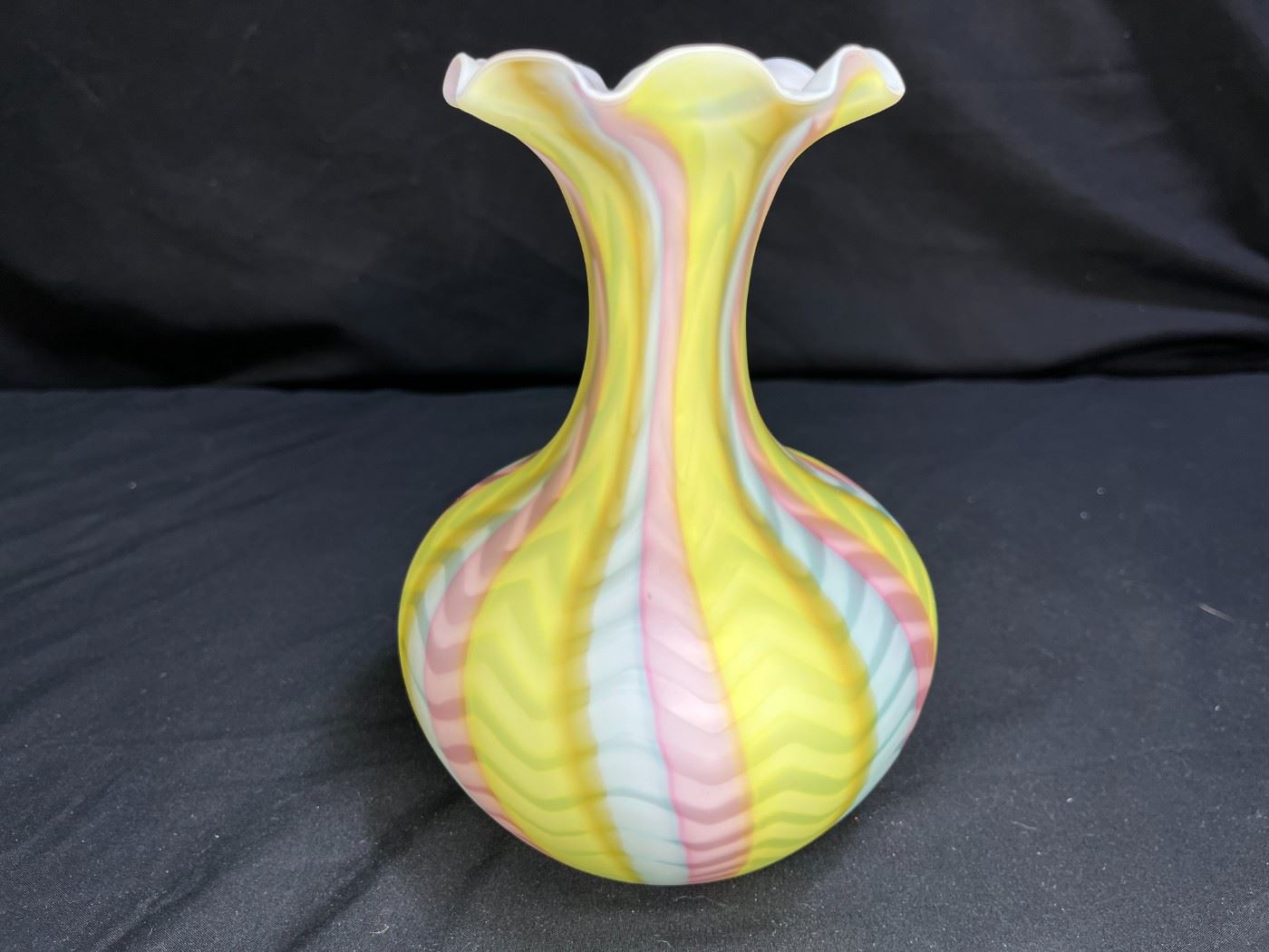 Antique Mt. Washington Rainbow Satin Ruffled Vase 