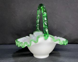 Vintage Fenton Emerald Crest Ruffle Basket   