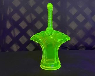 Westmorland Vaseline Glass Wedding Basket  under black light