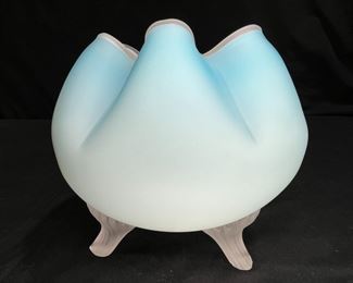 Lg. Fenton Blue Satin Overlay Uranium Rose Bowl 
