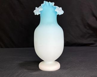 Vtg. Fenton Satin Blue to White Ruffle Edge Vase 