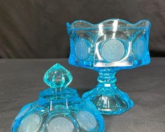 Fostoria Blue Coin Glass Pedestal Compote Dish  