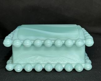 Vintage Aqua Blue Slag Glass Covered Dish   