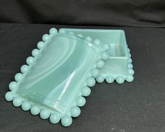 Vintage Aqua Blue Slag Glass Covered Dish   