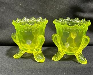 Boyd Art Glass Vaseline Footed Tooth Pick Holders 