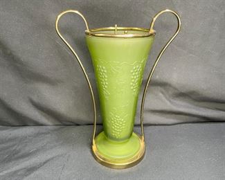 Indiana Glass Frosted Avocado Glass & Brass Vase  