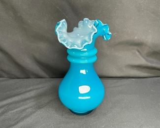 Fenton Jamestown Blue Overlay Double Ruffled Vase 