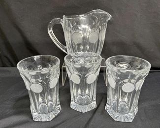 Vtg Fostoria Coin Glass Pitcher & 3 Water Glasses 