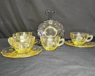 4 Lancaster Floral Etched Tea Cups & Saucers  