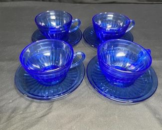 4 Cobalt Hazel Atlas Aurora Cups & Saucers   