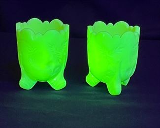 2 Custard Near Cut Uranium Toothpick Holders  under black light