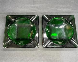 2 VTG Fire-King Forest Green Ashtrays 