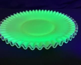 Vintage Fenton Ivory Crest Sandwich Platter   under black light