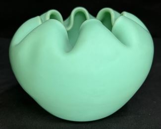 Fenton Satin Teal Green Pinched Rose Bowl      