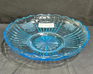 Hocking Glass 1930s Mayfair Blue Open Rose Bowl 
