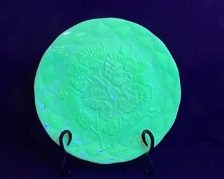 LG Wright Flower Vaseline Custard Milk Glass Plate under black light
