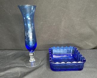 Blue & Clear Etched Vase & Cobalt Trinket Dish  