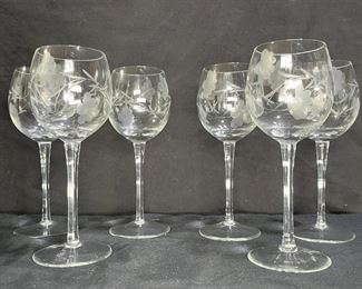 6 VTG Tuscany Floral Etched Blown Glass Goblets   