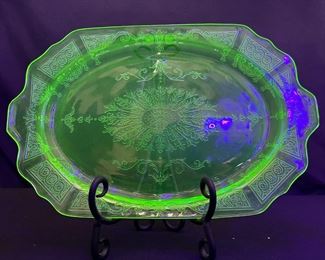 Princess Uranium Glass Platter  under black light