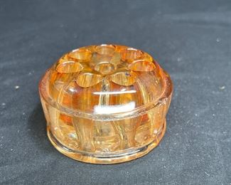 8-Hole Marigold Carnival Glass Flower Frog      