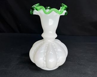 VTG Fenton Emerald Crest Beaded Melon Vase 