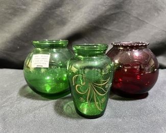 Green Ivy Ball Vase, Ruby Vase & Etched Vase