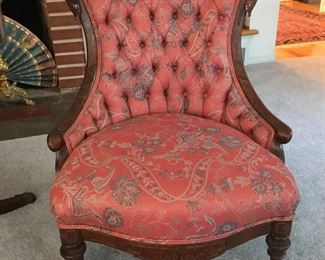 Antique Button Back Carved Frame Low Chair on Casters