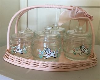Vintage Baby Nursery Glass Jars w/Wicker Tray