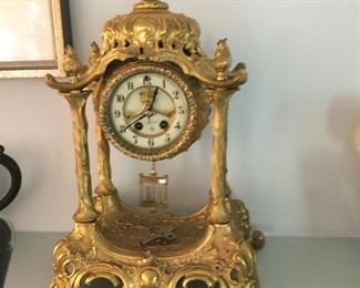 Antique Gold Tone Mantle Clock by Gilbert w/key