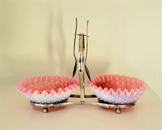 Fenton Cranberry Glass Double Dish Condiment Server
