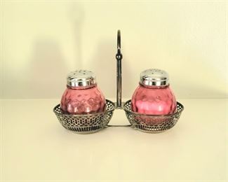 Vintage Cranberry Glass Salt & Pepper with Sterling Silver Holder