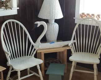 Thomasville chairs; large vintage wicker table lamp with wicker shade