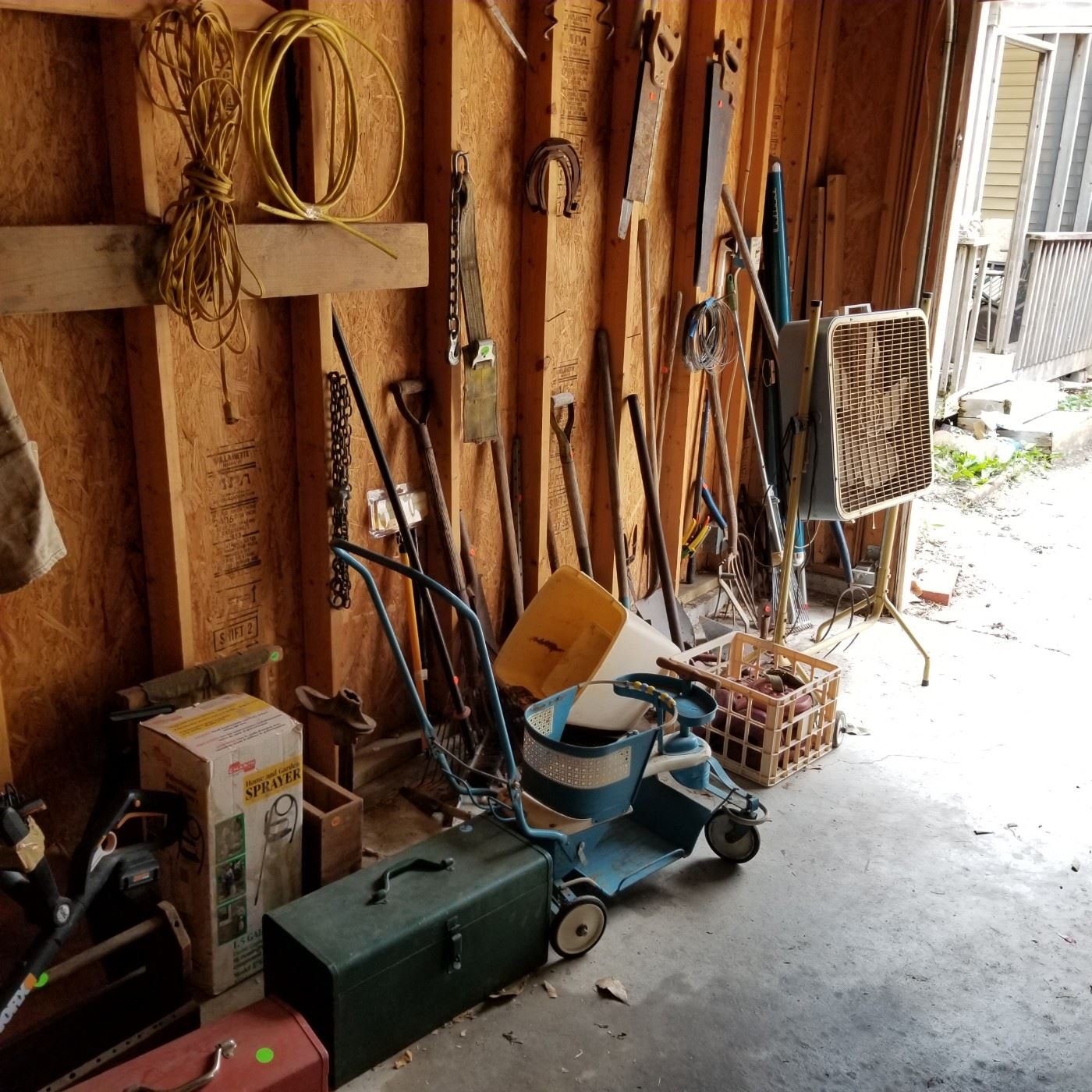 Tools for yard, vintage baby stroller, tool boxes with tools