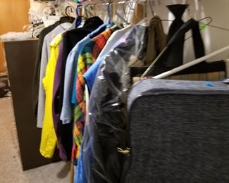 Jackets, hangers, file cabinet, clothes bags