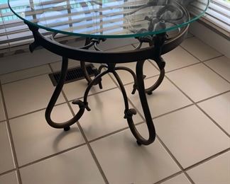 ROUND GLASS AND IRON END TABLE