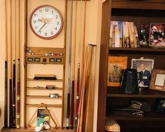 Billiard Accessory Wall Rack. Various Pool Sticks.