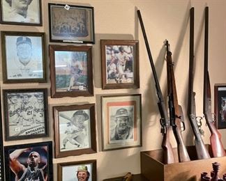 Various Autographed Photos. Vintage Antique Long Guns and Black Powder Firearms.