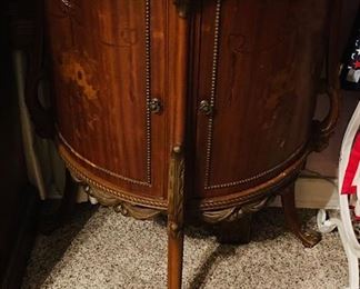 Pair Of Vintage French Louis XV Style Round Demilune 2 Door Side Table w/ Marble Top.