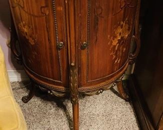 Pair of Vintage French Louis XV Style Round Demilune 2 Door Side Table w/ Marble Top. 