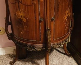 Pair of Vintage French Louis XV Style Round Demilune 2 Door Side Table w/ Marble Top. 