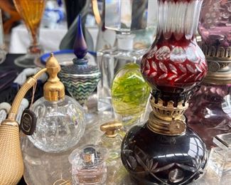 Antique Oil Lamps, perfume bottles, trays, etc...