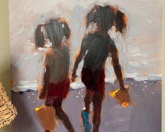 2 lil gals at the beach oil painting