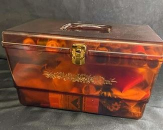 R003 Vintage Sewing Box Amber Plastic