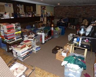 Lots of books and holiday decorations