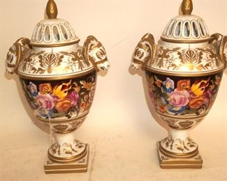 Pair hand painted vases with rams heads