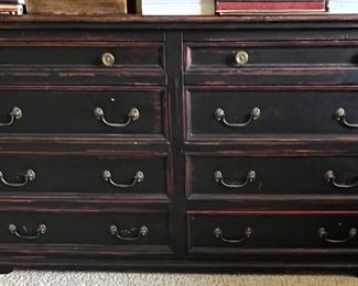 44. Italian 8 Drawer Rubbed Black Dresser w/ Red Accent (68" x 21" x 36")