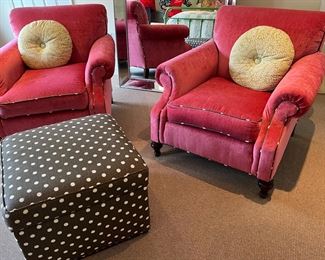 60. Pair of Custom Club Chairs w/ Complementary Piping (36" x 36" x 32") and Storage Ottoman (23" x 23" x 17")