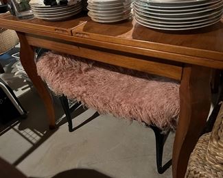 76. Domain Game Table to Dining Table (39.5" x 39.5" x 31") w/ 2-19.5" fold-out leaves                                                       77. Bench w/ Pink Faux Fur Upholstery (32" x 16" x 21")