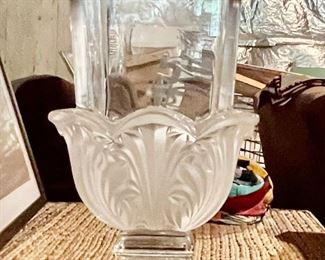90. Clear and Frosted Glass Vase on Brass Stand (13")